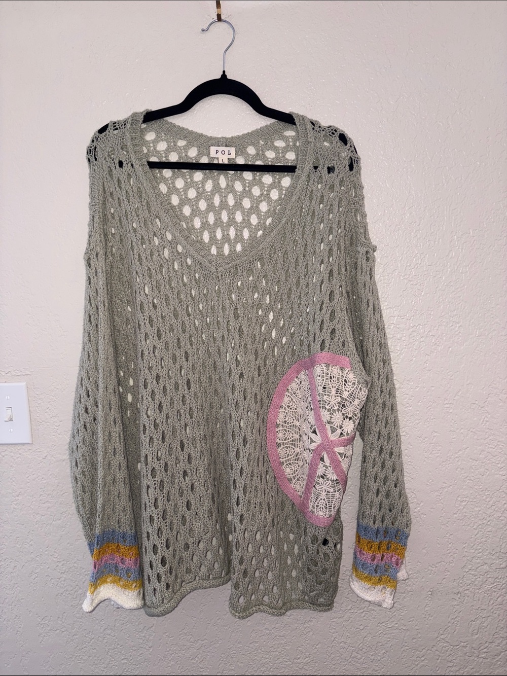 #P204 - NWOT -POL Open-Knit Sage Green V-Neck Sweater with Pink Lace Peace Patch